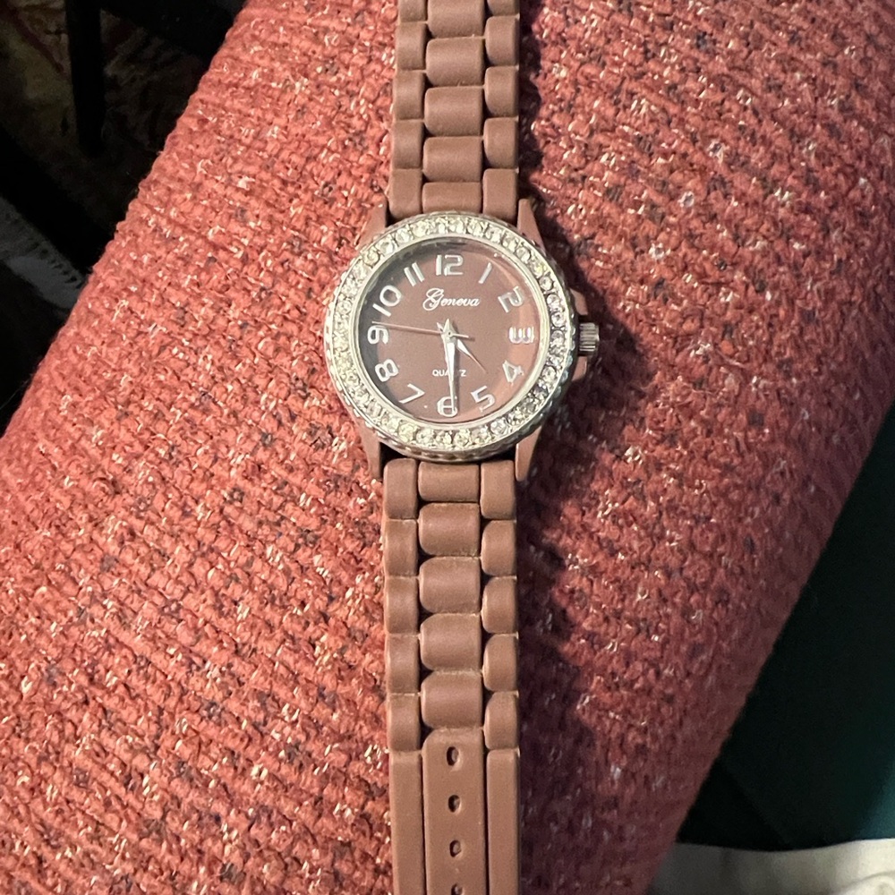 Geneva Brown Silicone Crystal Bezel Women's Watch